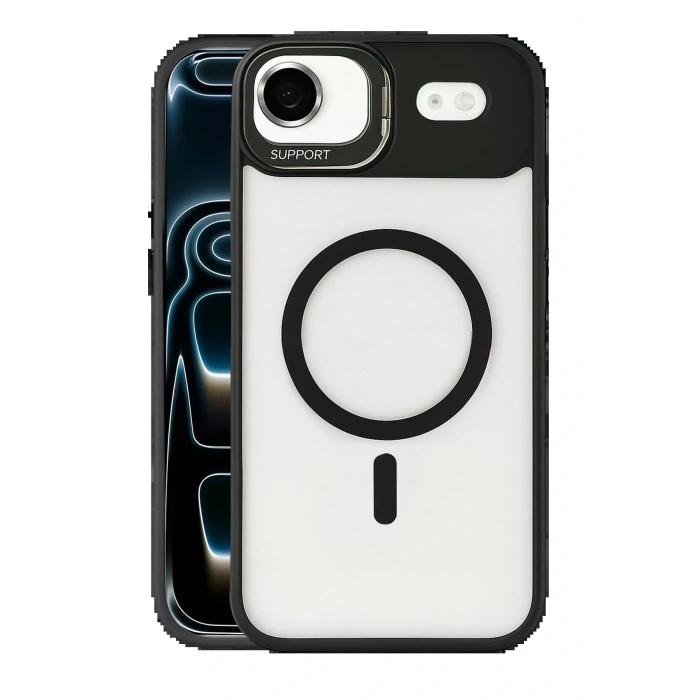 Apple iPhone 17 Air Remim Lensli Magsafe Standlı Kapak - Siyah