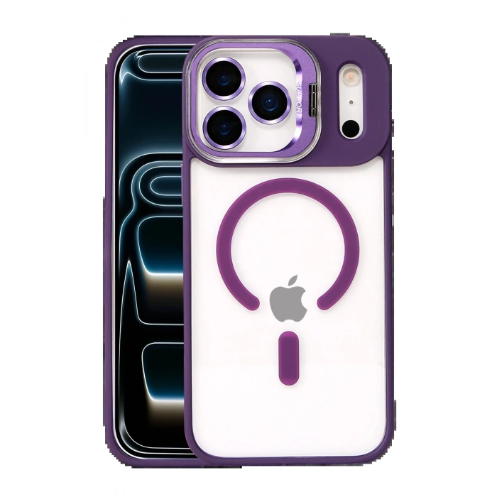 Apple iPhone 17 Pro Remim Lensli Magsafe Standlı Kapak - Derin Mor