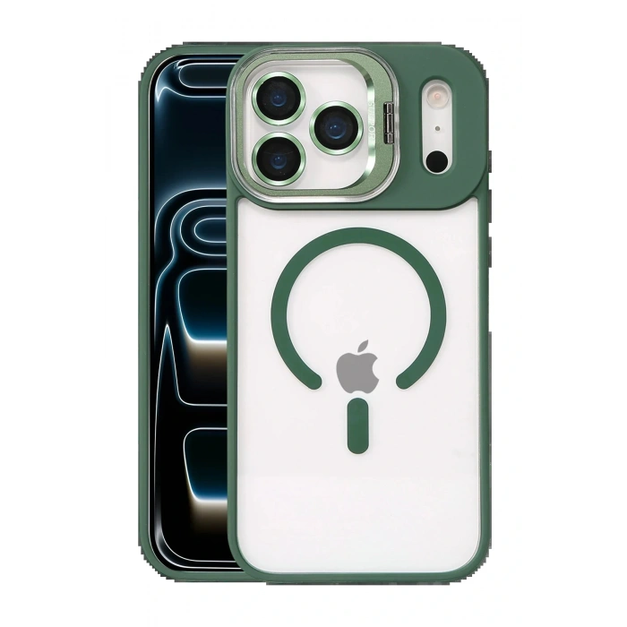Apple iPhone 17 Pro Remim Lensli Magsafe Standlı Kapak - Koyu Yeşil