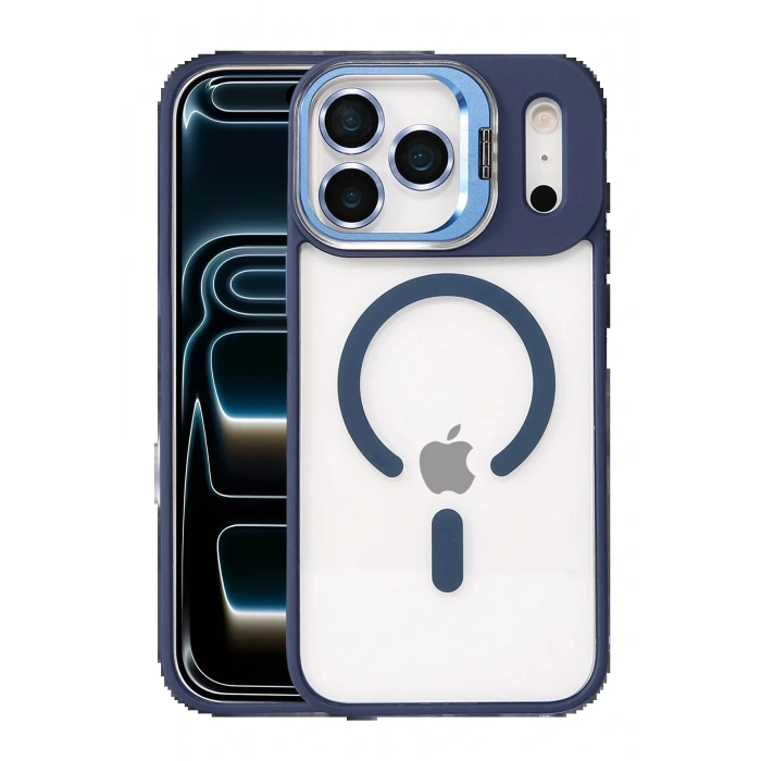 Apple iPhone 17 Pro Remim Lensli Magsafe Standlı Kapak - Lacivert