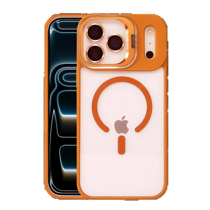 Apple iPhone 17 Pro Remim Lensli Magsafe Standlı Kapak - Turuncu