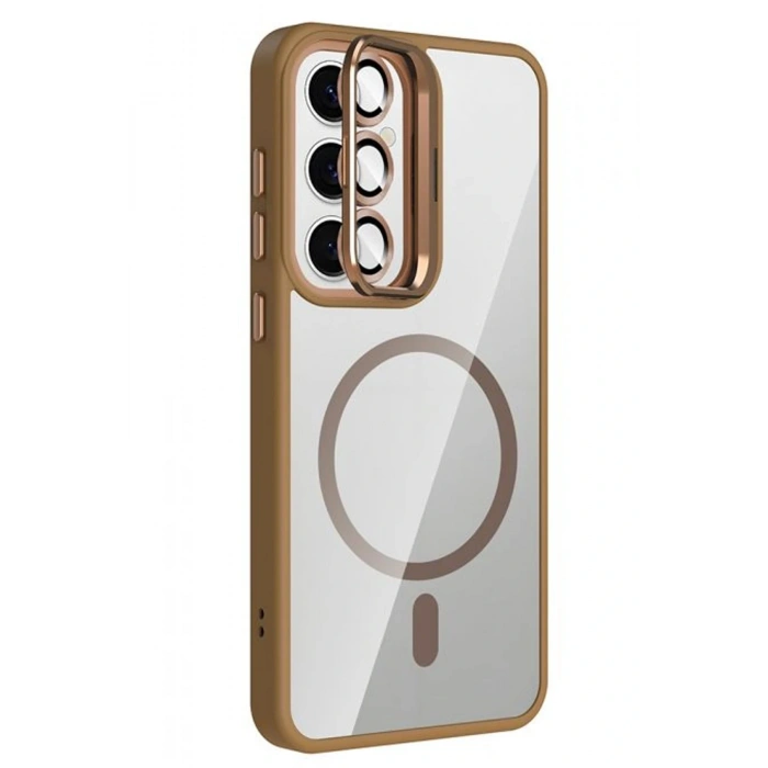 Samsung Galaxy S25 Remim Lensli Magsafe Standlı Kapak - Kahverengi