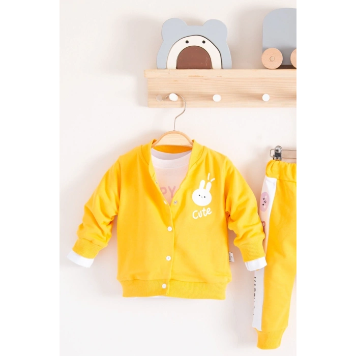 Cute Funny Desenli Kapişonlu Pamuklu 3lü Kız Bebek Takımı