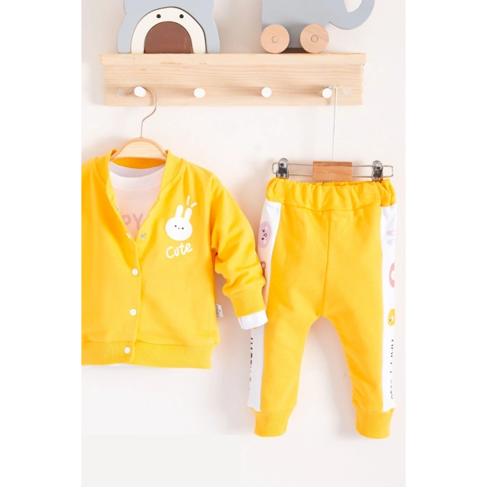 Cute Funny Desenli Kapişonlu Pamuklu 3lü Kız Bebek Takımı