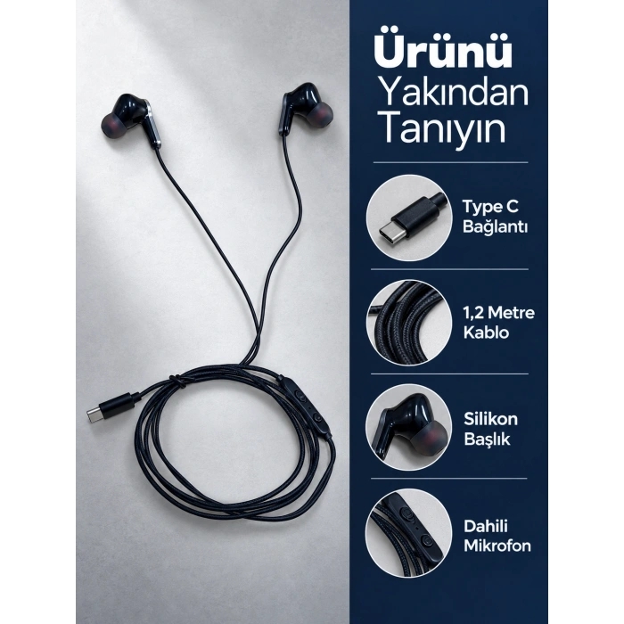 Dahili Mikrofonlu Type C Kablolu Kulaklık Siyah Gövde