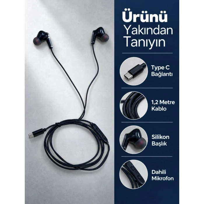 Dahili Mikrofonlu Type C Kablolu Kulaklık Siyah Gövde