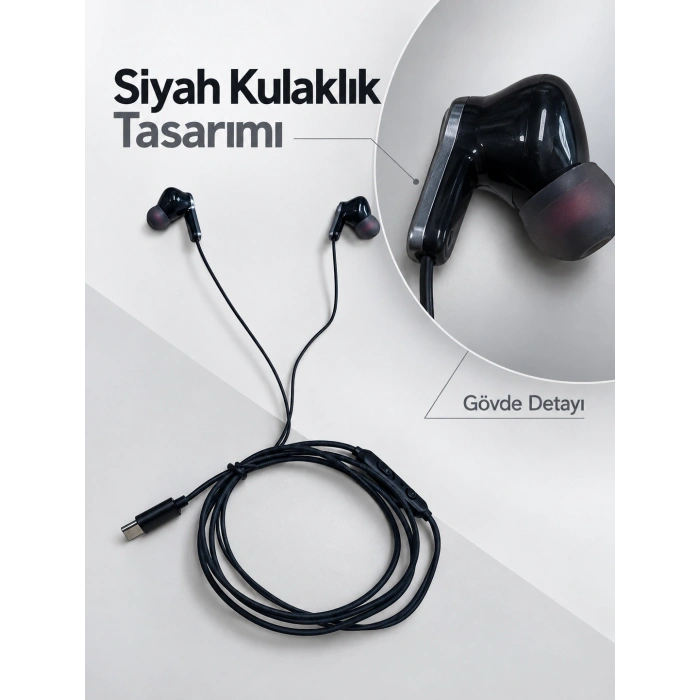 Dahili Mikrofonlu Type C Kablolu Kulaklık Siyah Gövde