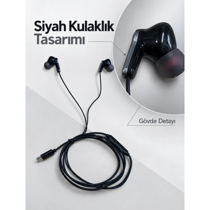 Dahili Mikrofonlu Type C Kablolu Kulaklık Siyah Gövde