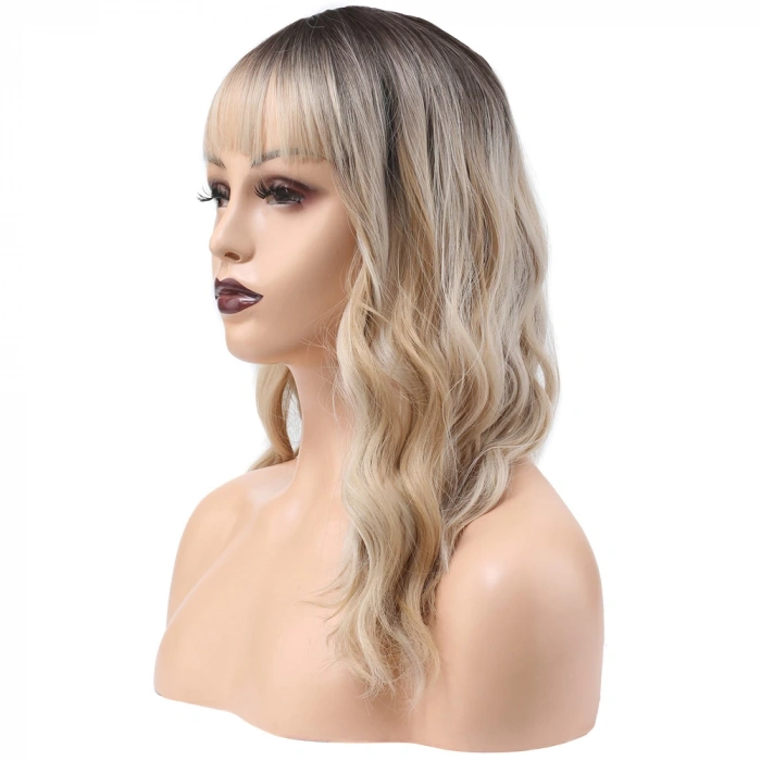 Dalgalı Kısa Perçemli Fiber Sentetik Peruk - Kahve / Platin Ombre ve Röfleli