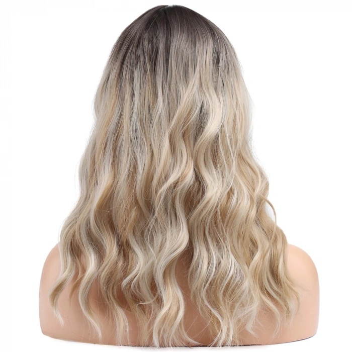 Dalgalı Kısa Perçemli Fiber Sentetik Peruk - Kahve / Platin Ombre ve Röfleli