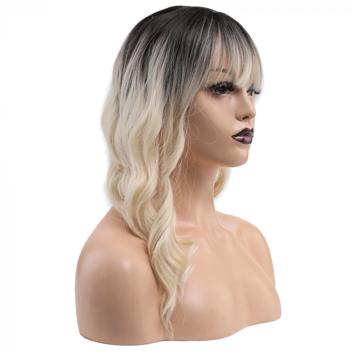 Dalgalı Kısa Perçemli Fiber Sentetik Peruk - Kahve / Platin Ombreli