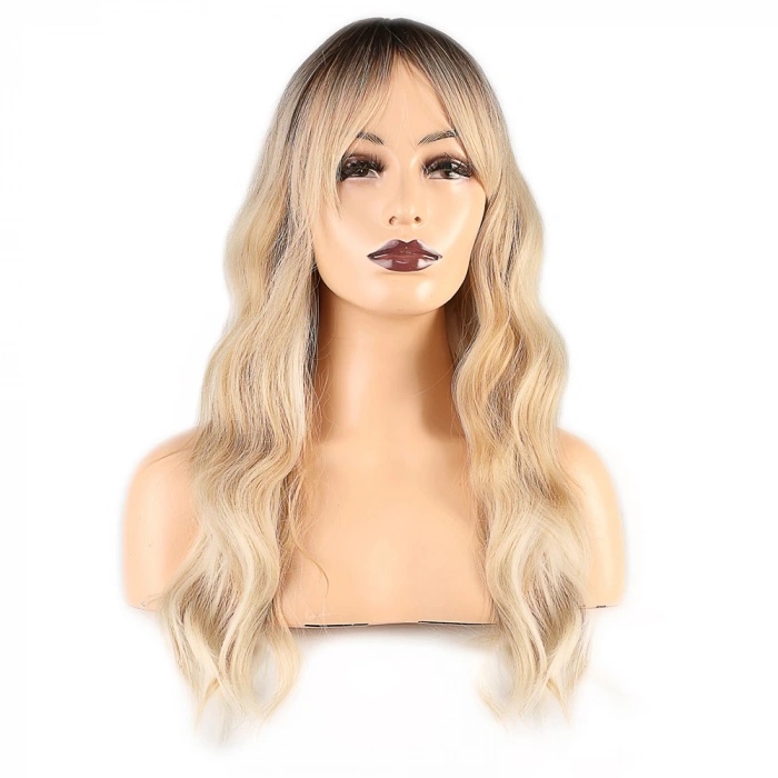 Dalgalı Perçemli Fiber Sentetik Orta Boy Peruk - Kahve Platin Röfleli