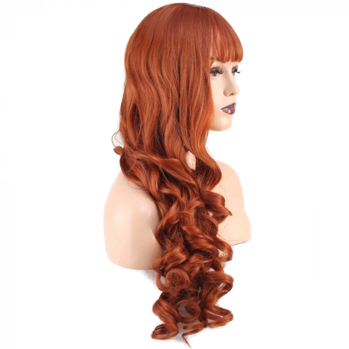 Dalgalı Perçemli Uzun Fiber Sentetik Peruk - Bakır