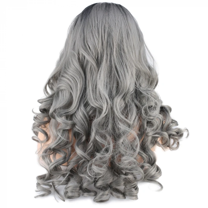 Dalgalı Perçemsiz Uzun Fiber Sentetik Peruk - Siyah / Gri Ombreli