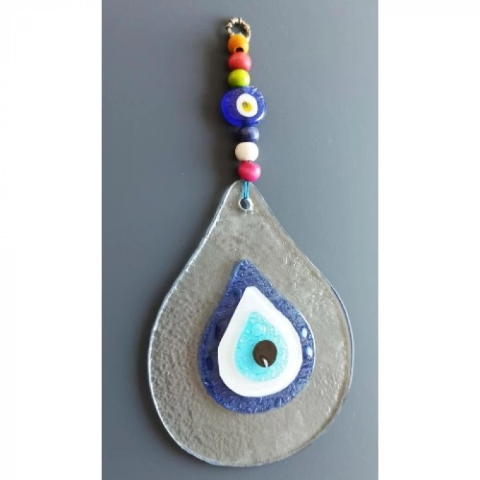 Damla Modeli Nazar Boncuklu Şeffaf Cam El Yapımı Duvar Süsü