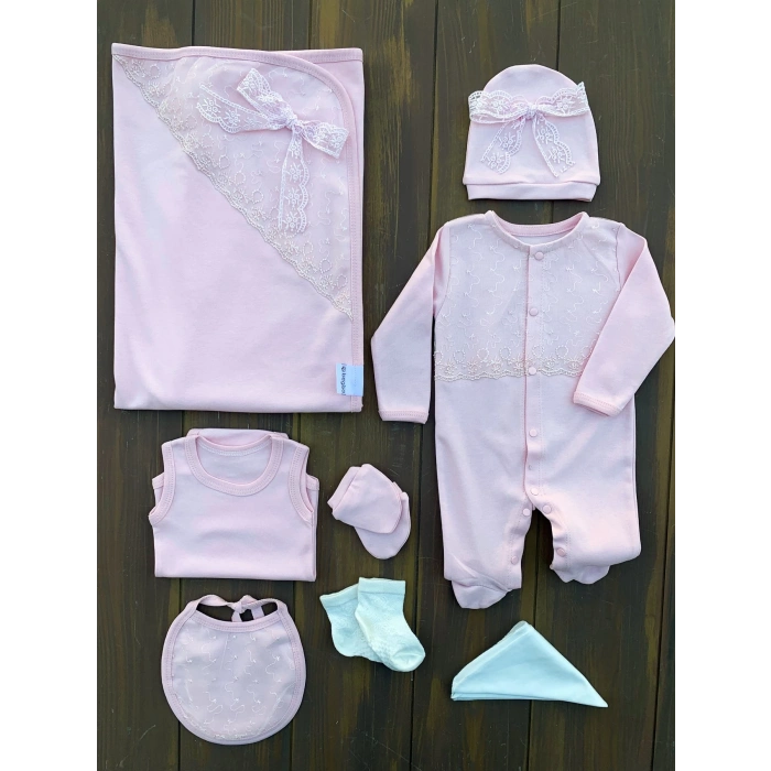 Dantel İşlemeli 10 Parça Yeni Doğan Hastane Seti %100 Pamuk