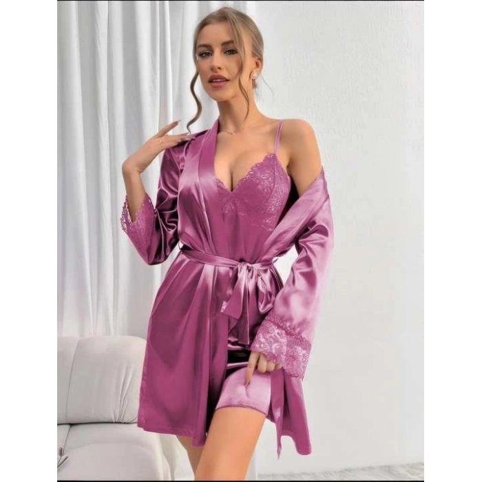 Dantel İşlemeli İnce Askılı Lila 2li Saten Gecelik Sabahlık Takımı