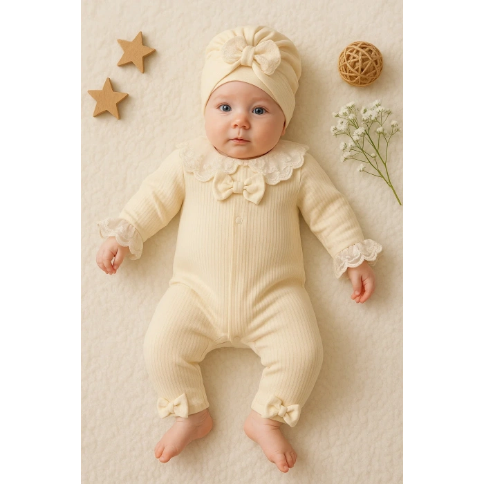 Dantel Yaka Detaylı Şapkalı 2Li Kız Bebek Tulum