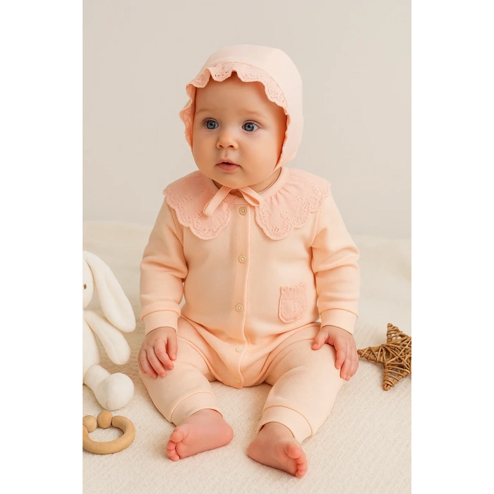 Dantel Yaka Fisto Detaylı Kız Bebek Tulum %100 Pamuk