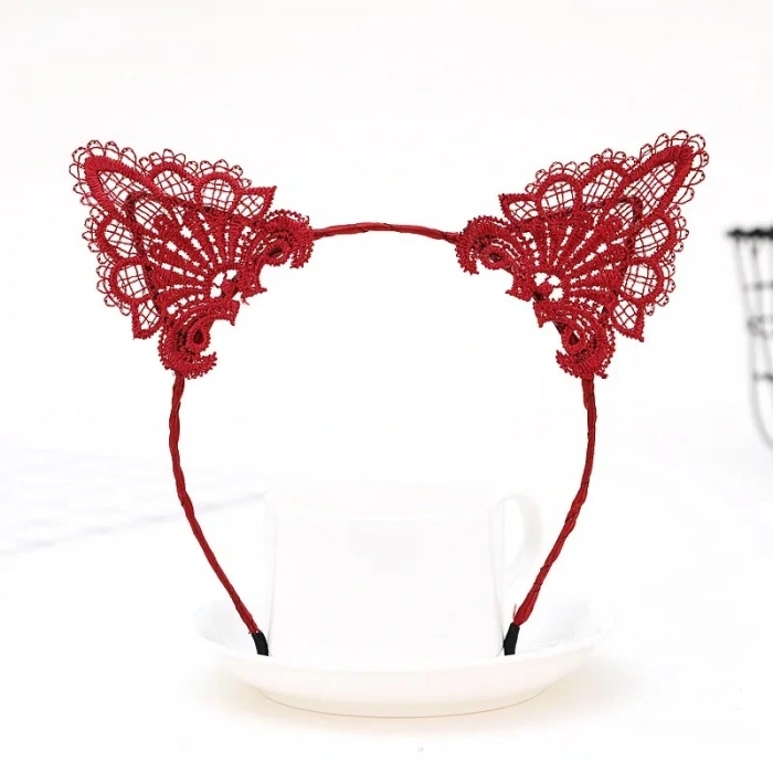 Dantelli Kırmızı Kedi Tacı - Vintage Tarz Dantel Kedi Kulak