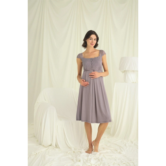 Dantelli Önü Düğmeli Hamile Lohusa Sabahlık Takımı