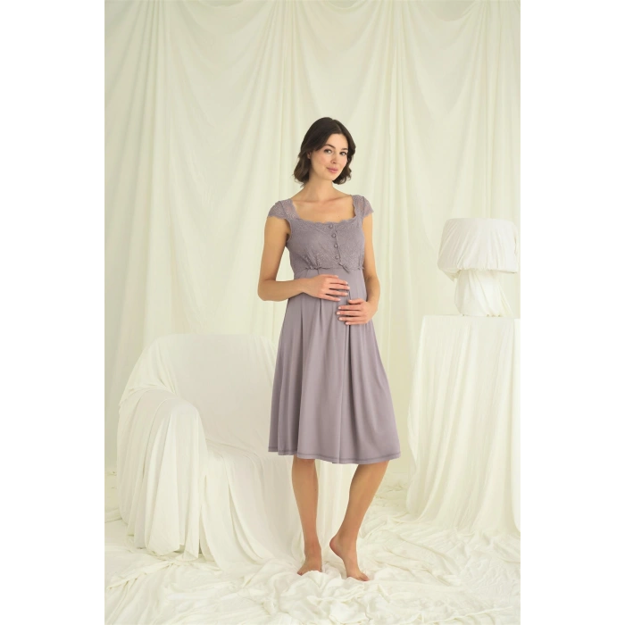 Dantelli Önü Düğmeli Hamile Lohusa Sabahlık Takımı