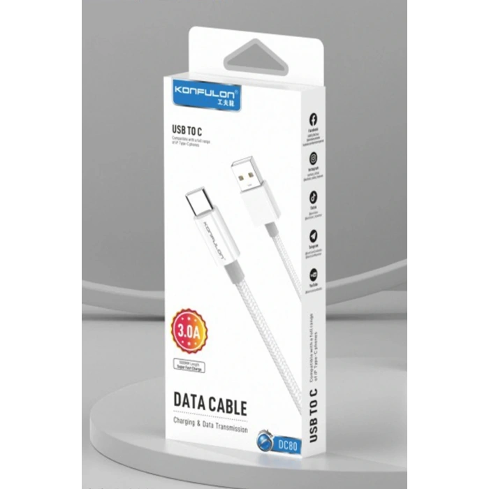DC80 1M 3A USB to Type-C Hızlı Şarj Kablo - Beyaz