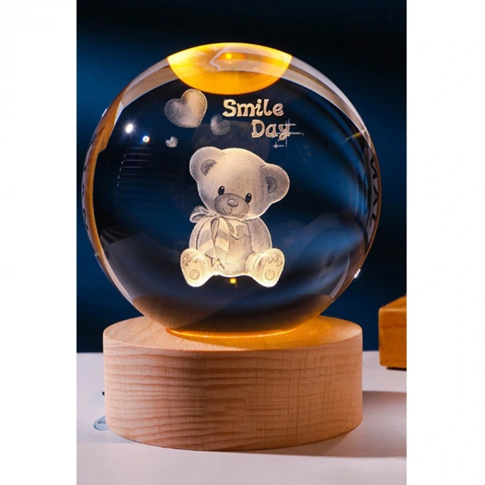 Dekoratif Ayıcık Tasarımlı Ahşap Altlıklı Işıklı Cam Küre Cam 6 Cm Ahşap 2 Cm