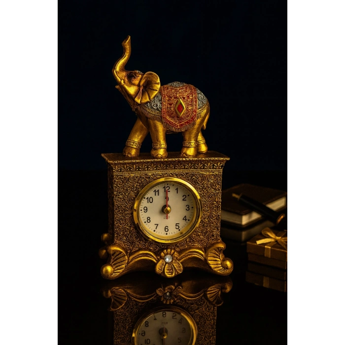 Dekoratif Gold Fil Figürlü Masa Saati – 19 cm | Şık Ev & Ofis Aksesuarı