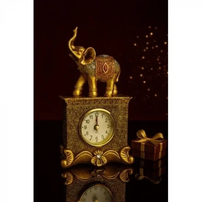 Dekoratif Gold Fil Figürlü Masa Saati – 19 cm | Şık Ev & Ofis Aksesuarı