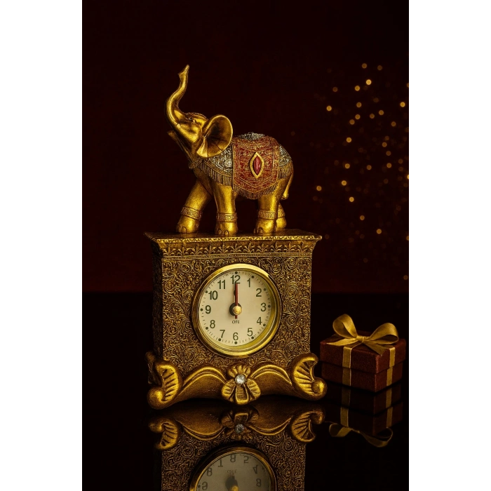 Dekoratif Gold Fil Figürlü Masa Saati – 19 cm | Şık Ev & Ofis Aksesuarı