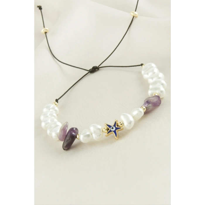 Deniz Yıldızı  Kırık Doğaltaşlı İnci Bileklik