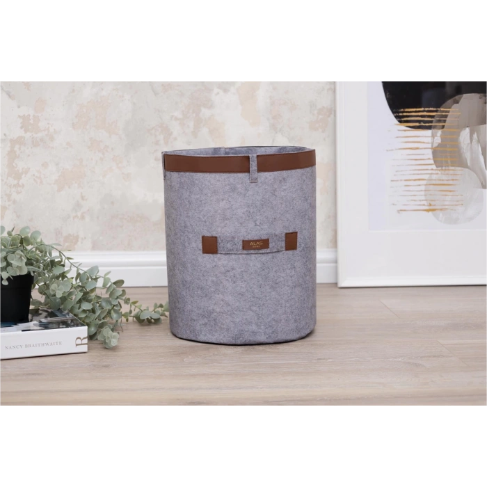 Deri Şeritli Yuvarlak Çok Amaçlı Düzenleyici Organizer Kutu Keçe Sepet (mega) 03877