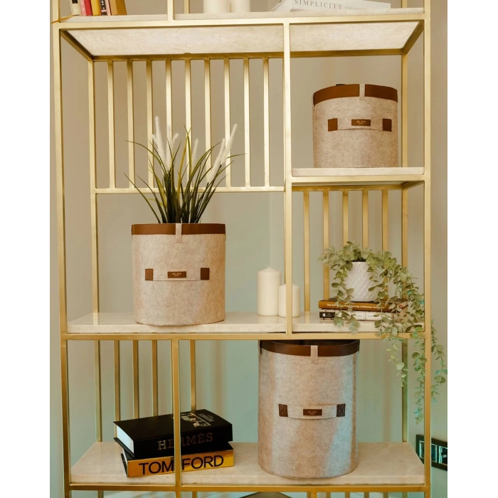 Deri Şeritli Yuvarlak Çok Amaçlı Düzenleyici Organizer Kutu Keçe Sepet (mini) 03822