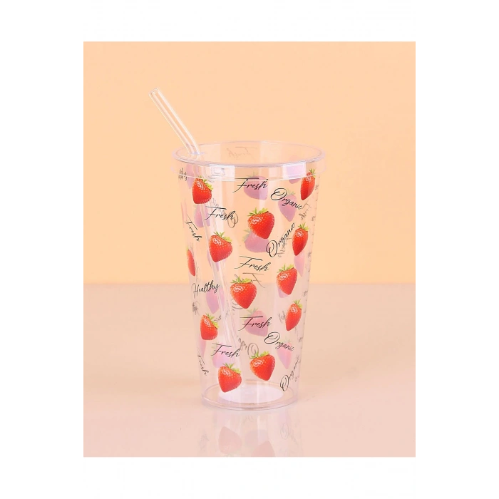 Desenli Plastik Pipetli Bardak 16 Cm 1 Adet -ENF-040