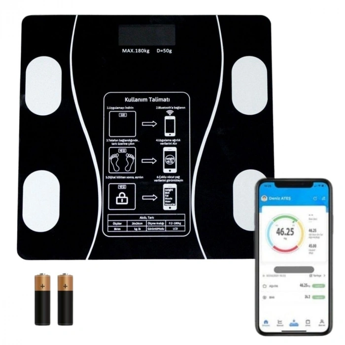 Dijital Baskül Yağ Ölçer Fonksiyonlu Akıllı Baskül Bluetooth Bağlantılı Tartı (4887)