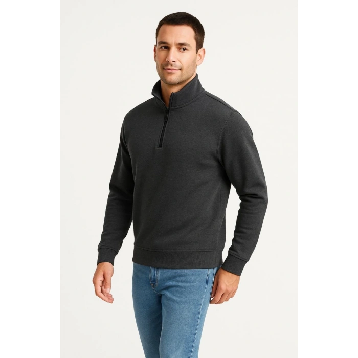Dik Yaka Sweatshirt Dik Yaka Yarım Fermuarlı 3 İplik Şardonlu Pamuk Kumaş - Antrasit -