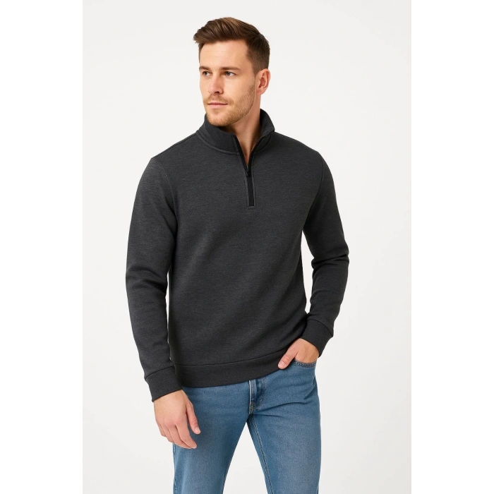 Dik Yaka Sweatshirt Dik Yaka Yarım Fermuarlı 3 İplik Şardonlu Pamuk Kumaş - Antrasit -