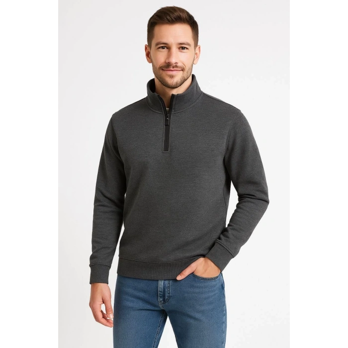 Dik Yaka Sweatshirt Dik Yaka Yarım Fermuarlı 3 İplik Şardonlu Pamuk Kumaş - Antrasit -