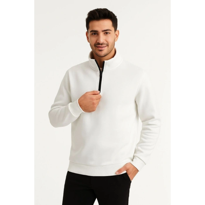 Dik Yaka Sweatshirt Dik Yaka Yarım Fermuarlı 3 İplik Şardonlu Pamuk Kumaş - Beyaz -