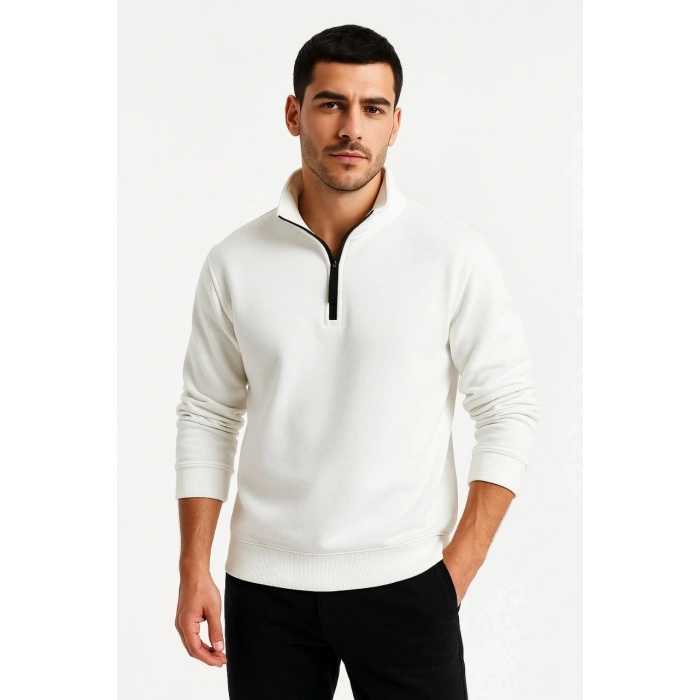 Dik Yaka Sweatshirt Dik Yaka Yarım Fermuarlı 3 İplik Şardonlu Pamuk Kumaş - Beyaz -