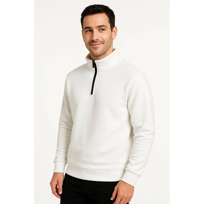 Dik Yaka Sweatshirt Dik Yaka Yarım Fermuarlı 3 İplik Şardonlu Pamuk Kumaş - Beyaz -