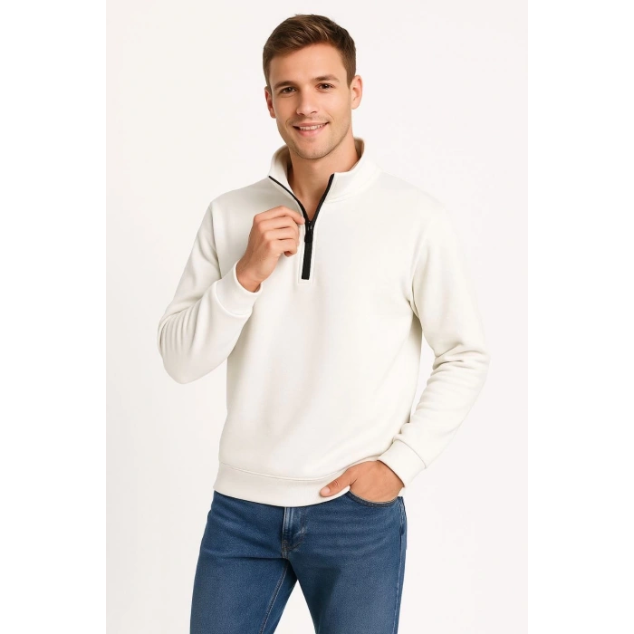 Dik Yaka Sweatshirt Dik Yaka Yarım Fermuarlı 3 İplik Şardonlu Pamuk Kumaş - Beyaz -