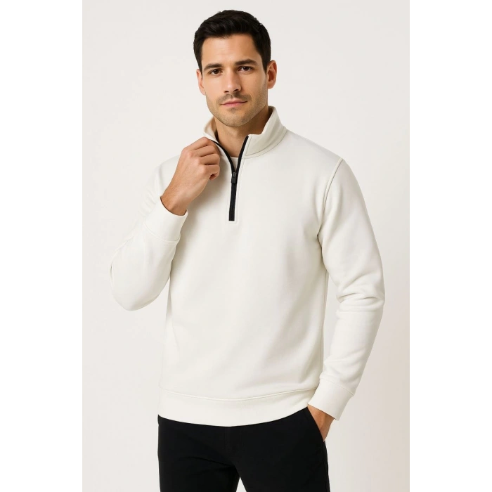 Dik Yaka Sweatshirt Dik Yaka Yarım Fermuarlı 3 İplik Şardonlu Pamuk Kumaş - Beyaz -