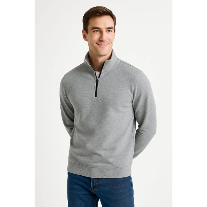 Dik Yaka Sweatshirt Dik Yaka Yarım Fermuarlı 3 İplik Şardonlu Pamuk Kumaş - Gri -