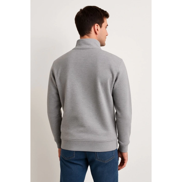 Dik Yaka Sweatshirt Dik Yaka Yarım Fermuarlı 3 İplik Şardonlu Pamuk Kumaş - Gri -