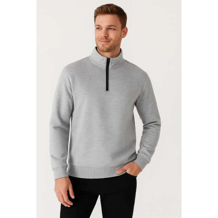 Dik Yaka Sweatshirt Dik Yaka Yarım Fermuarlı 3 İplik Şardonlu Pamuk Kumaş - Gri -