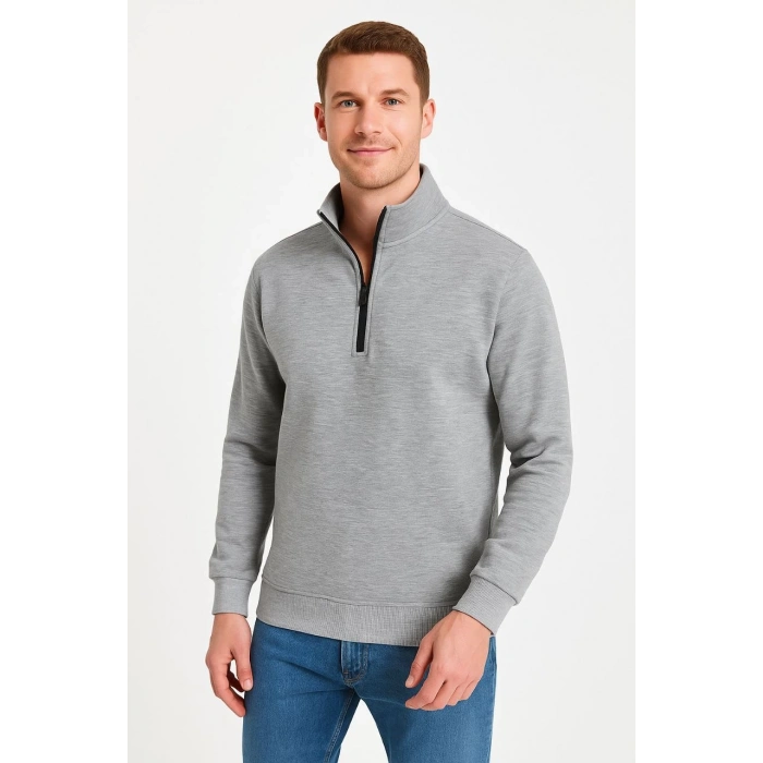 Dik Yaka Sweatshirt Dik Yaka Yarım Fermuarlı 3 İplik Şardonlu Pamuk Kumaş - Gri -