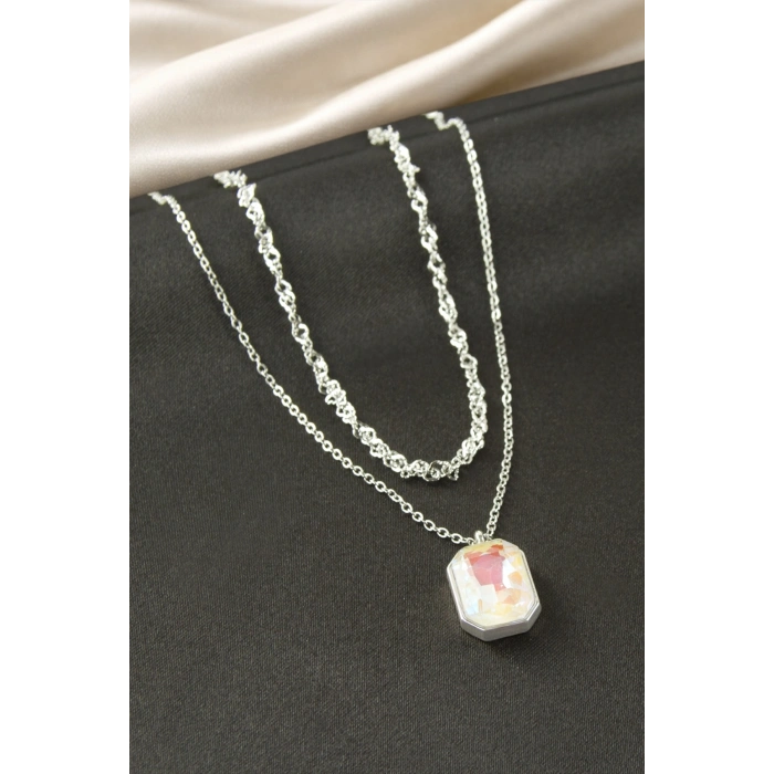 Dikdörtgen Taşlı Çelik İkili Kolye