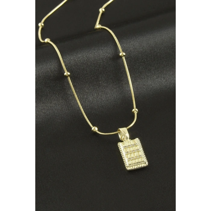 Dikdörtgen Zirkon Taşlı Lüks Çelik Kolye